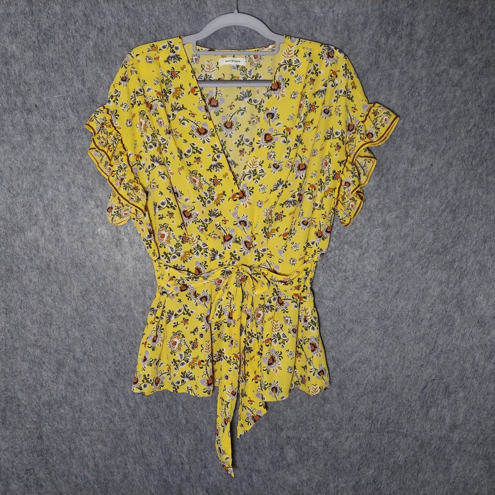 Max Studio Blouse L Yellow Cottagecore Floral Ruffle Tie Front Peplum Smocked